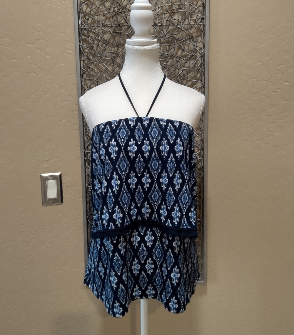White House Black Market Blue Ikat Patterned Halter Top w/Tassle Ties